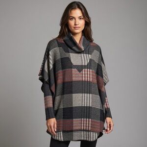 Pure Essence Womens Mock Neck Poncho Top Size M Long Sleeve Cape Plaid Red Gray